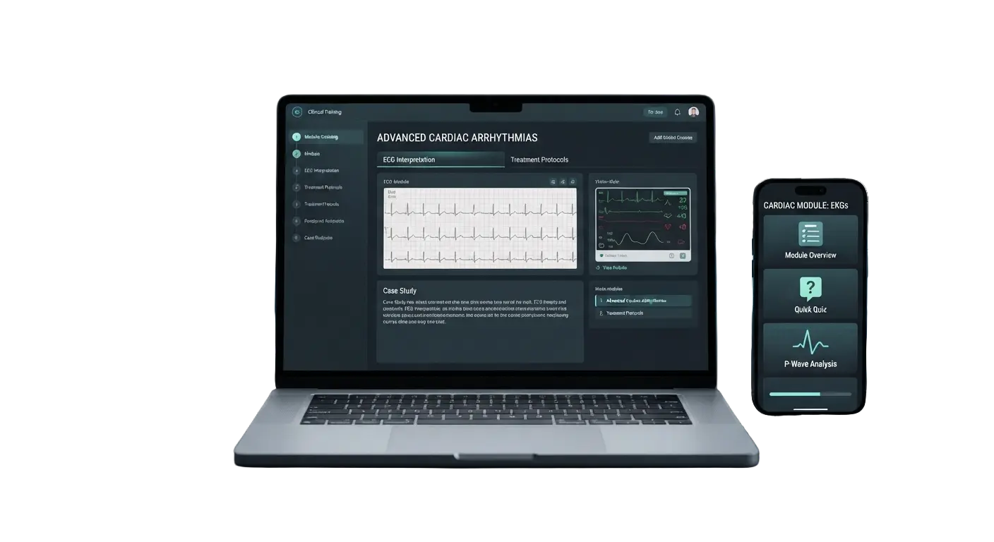 Clinical eLearning module displayed on MacBook and iPhone